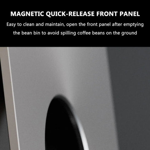 Magnetic quick-release front panel of Dead Accurate Automatic Coffee Bean Dispenser With Dual Weight Presets And Smart Auto Calibration For Hassle Free Single Or Continuous Dosing 200 Gram Hopper.
