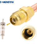 Front view of HZ-MONSTAR piercing valve kit: brass refrigerator tap valve with 1/4 in SAE to 1/4 in OD connections; includes valve core.