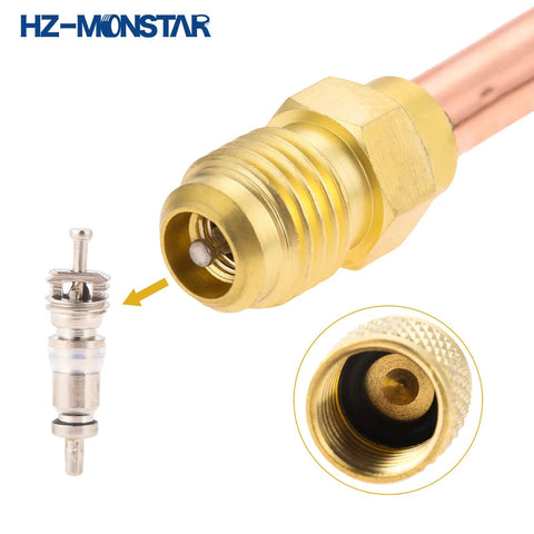 Front view of HZ-MONSTAR piercing valve kit: brass refrigerator tap valve with 1/4 in SAE to 1/4 in OD connections; includes valve core.