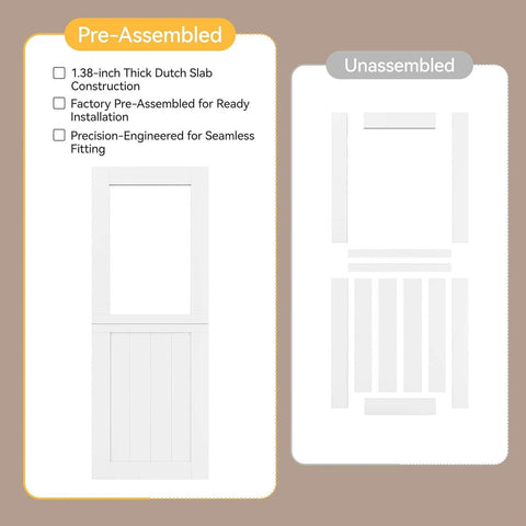 Double French Dutch Door Slab 60x80 Interior Preassembled 1.38 Inch White Solid Wood Core Built Solid With Clear Glass Panel includes diagram of preassembled and unassembled sections
