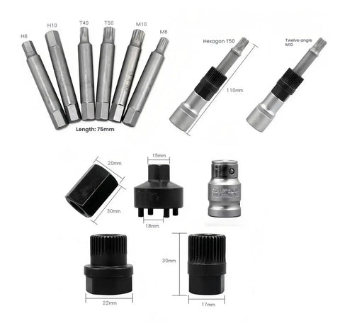 Rock Solid 13 Piece Engine Pulley Disassembly Set For Your Ride With Heavy Duty Wrench Tools To Break Down Belts And Fix Slipping Issues Like A Boss. 13-piece steel bit set with sockets and adapters