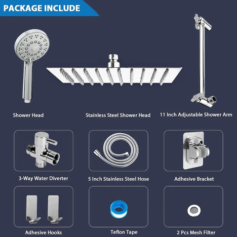 Package includes High Pressure Square Shower Head Kit With 11 Inch Extension Arm, 5 Settings Adjustable Handheld Spray, 1.5m Hose