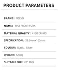 Specifications sheet for 20 Inch BMX Front Fork Crafted From Chromoly Steel For Hardcore Strength And Lightweight Performance, 28.6mm Steerer, 163mm Length, Standard 1 1/8 Inch, Silver Color, Built For Aggressive Street And Dirt Riding.