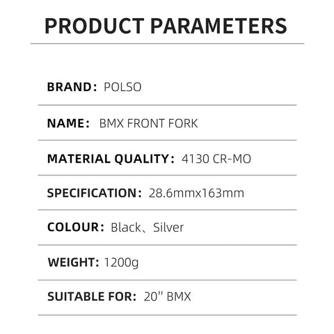 Specifications sheet for 20 Inch BMX Front Fork Crafted From Chromoly Steel For Hardcore Strength And Lightweight Performance, 28.6mm Steerer, 163mm Length, Standard 1 1/8 Inch, Silver Color, Built For Aggressive Street And Dirt Riding.