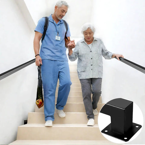 Heavy Duty Wall Mounted Handrail For Indoor Stairs Featuring An Extra Long Eleven Foot Black Steel Rail Built Tough For Rock Solid Grip And Keeps You Standing Tall, supporting an elderly woman down stairs.