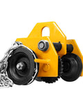Heavy Duty Manual Chain Trolley For Gantry Crane Hoist with chain, featuring rugged steel rollers and a strong yellow frame.