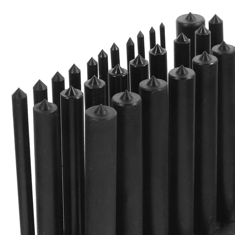 Pro Grade 28 Piece Cylindrical Punch Set With Positioning Base black steel punches close-up for precision metalworking.