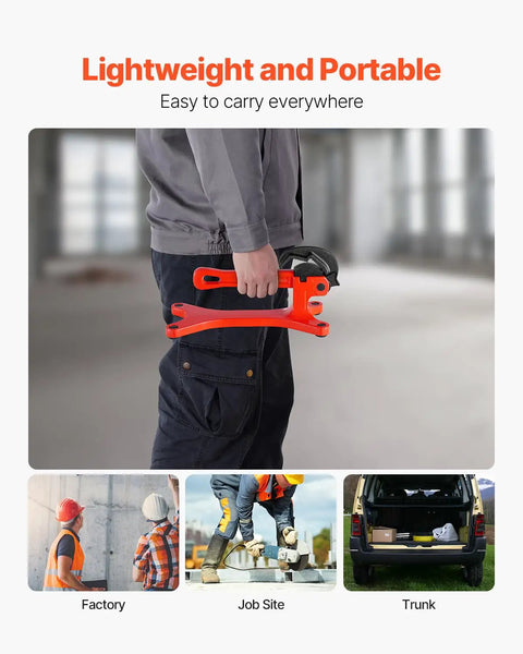 Person holding a Portable Aluminum Pipe Vise for Onsite Plumbing Jobs, Ultra Lightweight Clamp Tool weighing 2.6 lb.