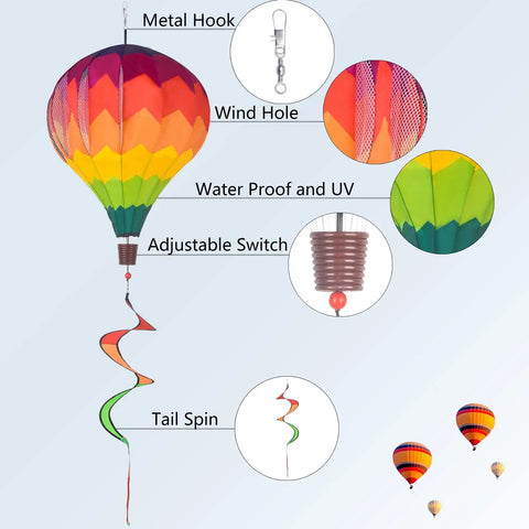 Two Pack Multicolor Hot Air Balloon Rainbow Wind Spinner Garden Decor For Outdoor Vibes, nylon build with UV resistance