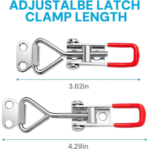 Six Pack Toggle Latch Clamp Set With Adjustable Quick Release Pull Handles showing 3.62in and 4.29in lengths on metal clamps.