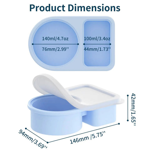 Five Pack Silicone Snack Containers With Two Compartments And Lids 8 Oz Capacity Rainbow Set featuring dimensions and open lid