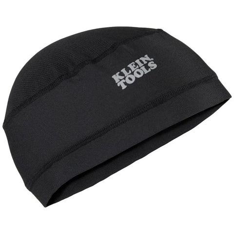 Black cotton skull cap titled Klein Tools, ideal for use under helmets, providing rapid cooling for hard hats in warm environments.