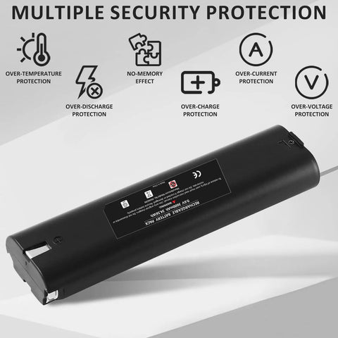 2 Pack Beefed Up 3600mAh NiMH Replacement Battery Pack For 9.6V Tools with multiple security protections illustrated