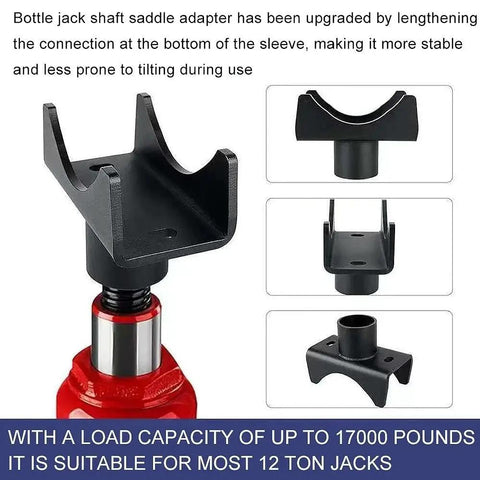 Bottle Jack Adapter and Axle Saddle with steel cradle for 2-4 inch axles, supports 17000 lbs, detailed view with close-ups