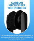 Front view of CarbonKlean Peeps eyeglass lens cleaner; carbon microfiber pads, black components, injected blue color, three-piece set