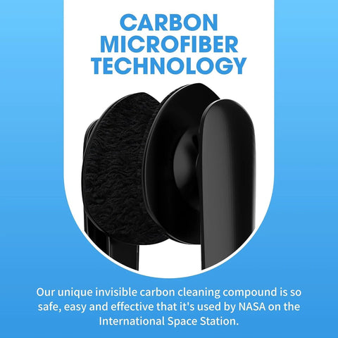 Front view of CarbonKlean Peeps eyeglass lens cleaner; carbon microfiber pads, black components, injected blue color, three-piece set