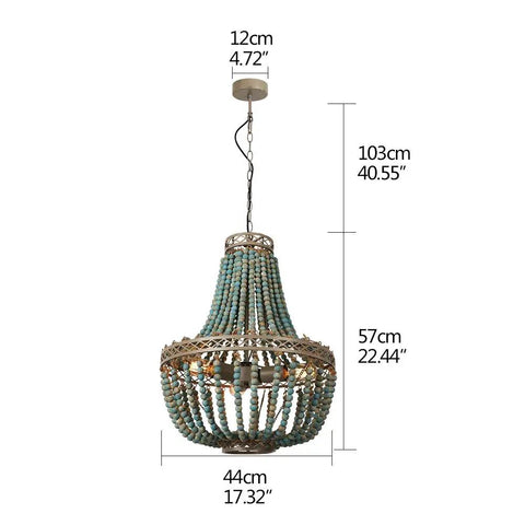 Three Light Wood Beaded Chandelier in Rustic Farmhouse Vibe, Vintage Boho Pendant Light dimensions and design details