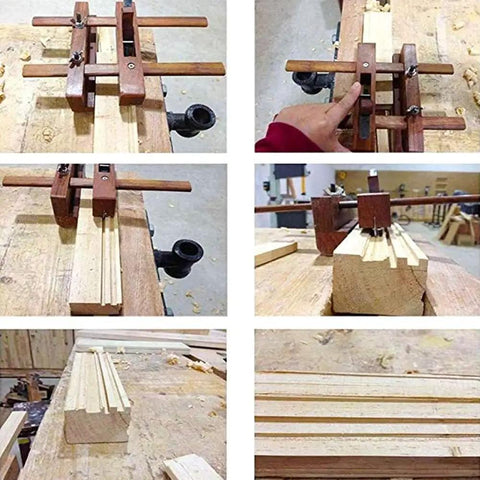 Adjustable Wooden Hand Plane With Double Handle Rabbet Scraper And Five Razor Sharp High Speed Steel Blades For Hella Smooth Wood Finishing And Clean Trim On Weekend Projects in use on a workbench.