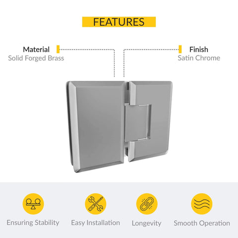 Heavy Duty Adjustable Glass To Glass Shower Door Hinge 180 Degree Solid Forged Brass With Satin Chrome Finish