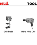 Drill press and hand held drill tools side by side for woodworking projects and carpentry in a workshop setting.