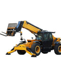 Heavy Duty 4WD Rough Terrain Telehandler With High Reach Telescopic Boom and Custom Hydraulic Loader Setup, showcasing lifting forks.