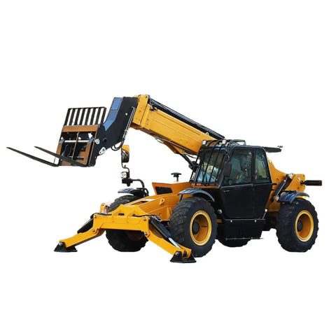 Heavy Duty 4WD Rough Terrain Telehandler With High Reach Telescopic Boom and Custom Hydraulic Loader Setup, showcasing lifting forks.