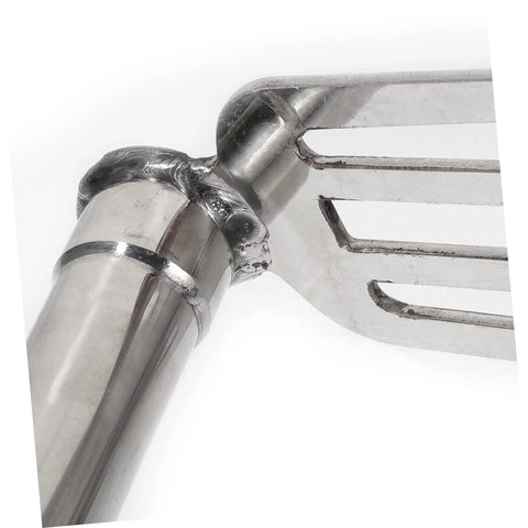 Close-up of a stainless steel head of a Multifunctional Stainless Steel Garden Hoe For Weeding Digging And Cultivating Lightweight Handy Do It All Tool
