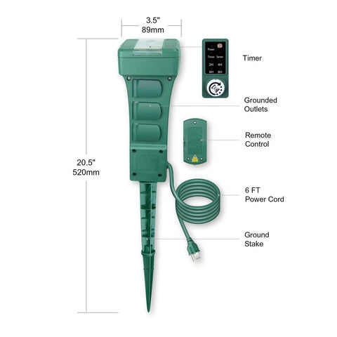 No Drama Outdoor Power Stake With Remote Control Photocell Timer And Dusk To Dawn Switch showing six grounded outlets and timer.