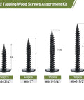 Black Wood Screw Set With Phillips Modified Truss Head Stainless Steel 410 Self Tapping Assortment For Wood And Metal 155 Pieces DIY Ready Sizes Three Quarters Inch To One And A Half Inch displayed on a chart with screw sizes and quantities.