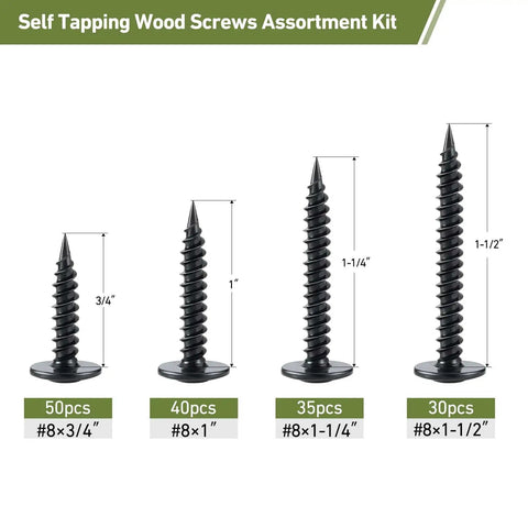Black Wood Screw Set With Phillips Modified Truss Head Stainless Steel 410 Self Tapping Assortment For Wood And Metal 155 Pieces DIY Ready Sizes Three Quarters Inch To One And A Half Inch displayed on a chart with screw sizes and quantities.