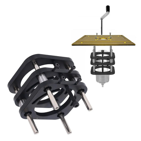 Beefy Aluminum Router Table Base With Lift System, 51mm Stroke Hand Crank, 4 Jaw Clamping, shown disassembled and assembled