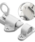 Self Closing Aluminum Alloy Door Latch Spring Bounce Gate Safety Lock with loop and cylinder, silver color, detailed view.