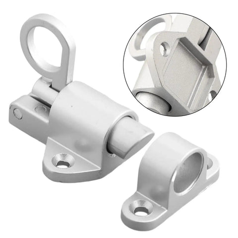 Self Closing Aluminum Alloy Door Latch Spring Bounce Gate Safety Lock with loop and cylinder, silver color, detailed view.