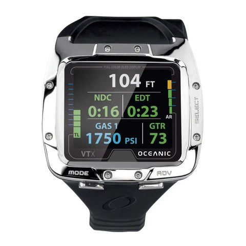 VTX Scuba Diving Computer Receiver Only With Ultra Bright Full Color OLED Display showing dive data and settings.