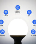 G25 LED Vanity Globe Bulbs 100W Equivalent, 9W, 5000K Daylight White, 900 Lumens, E26, infographic shows bulb features
