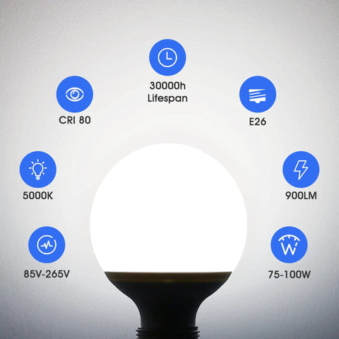 G25 LED Vanity Globe Bulbs 100W Equivalent, 9W, 5000K Daylight White, 900 Lumens, E26, infographic shows bulb features