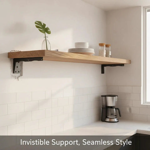 Hidden Mount Floating Shelf Bracket For Living Room And Office, Invisible Steel Hardware Supporting Wood Shelf, Kitchen Scene