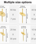 72 Piece Picture Hanger Kit With 4 Sizes and Iron Alloy Nail Hooks For 10 To 60 Lbs, gold hooks with size and weight chart