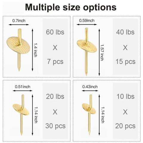 72 Piece Picture Hanger Kit With 4 Sizes and Iron Alloy Nail Hooks For 10 To 60 Lbs, gold hooks with size and weight chart