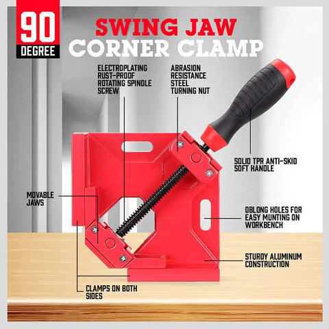 Premium Aluminum Single Handle Corner Clamp For Woodworking With Smooth Rotary Jaw And Dead Tight Grip For Easy Peasy Setup On Any Tight Fitting Cabinet Build, red with movable jaws