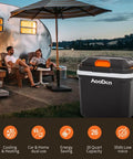 Keep Those Cold Ones Frosty Or Toasty On The Highway In This 26 Quart Electric Car Cooler And Warmer, used by couple outdoors.