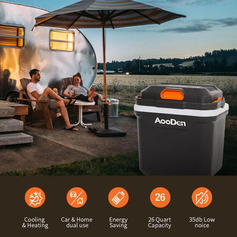 Keep Those Cold Ones Frosty Or Toasty On The Highway In This 26 Quart Electric Car Cooler And Warmer, used by couple outdoors.