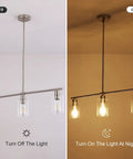 Three Light Modern Chandeliers For Kitchen Island Lighting In Brushed Nickel With Clear Glass Pendants, off and illuminated view