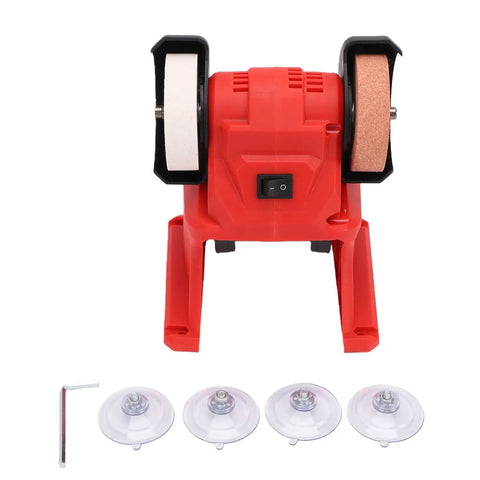 Heavy Duty Mini Bench Grinder With 3mm Steel Guard For Robust Grinding And Polishing. Features Dual Corundum Wheels.