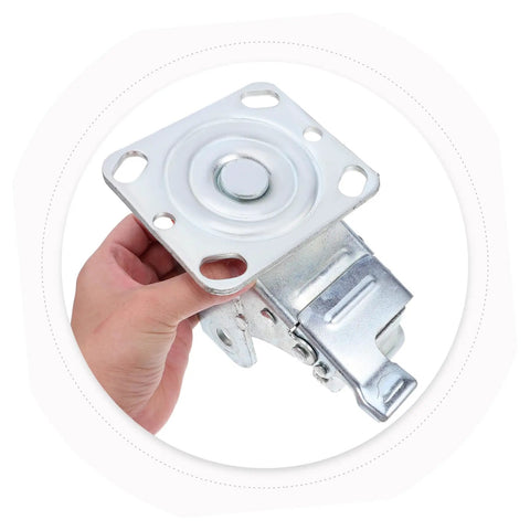 Badass Heavy Duty Swivel Caster Bracket 4 Inch Rotatable Steel Wheel Frame With Brake held in hand, showing robust design and frame.