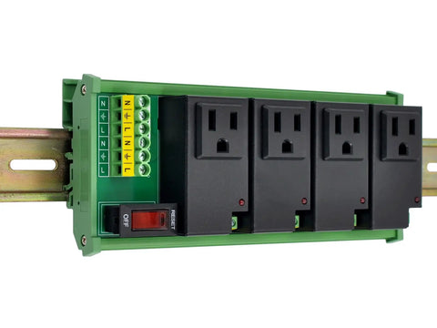 4 Channel IoT Relay Outlet Module For AC Power With Built In 10A Relays, DIN Rail Or Screw Mounting, Plug And Play Controller Integration With Arduino Raspberry Pi ESP32, Reliable Home Automation And Industrial Projects, front view