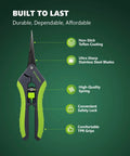 Image showcasing Two Pack 6.5 Inch Pruning Shears with non-stick Teflon coating, ultra sharp stainless steel blades, and comfortable TPR grips.