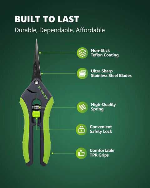 Image showcasing Two Pack 6.5 Inch Pruning Shears with non-stick Teflon coating, ultra sharp stainless steel blades, and comfortable TPR grips.