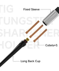 Top Shelf TIG Tungsten Electrode Sharpener Holder With No Sweat Safety Vise parts including fixed sleeve, collets, and long back cup.