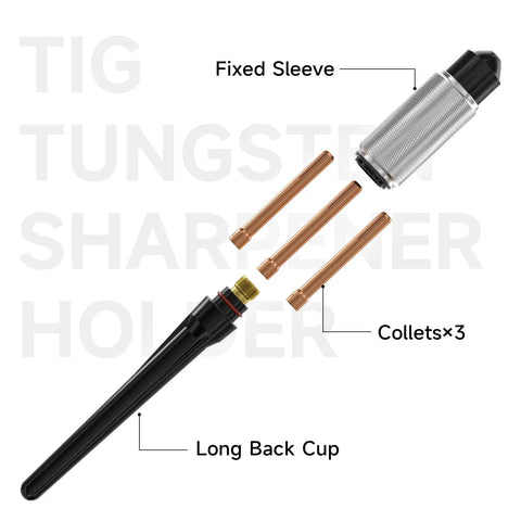 Top Shelf TIG Tungsten Electrode Sharpener Holder With No Sweat Safety Vise parts including fixed sleeve, collets, and long back cup.